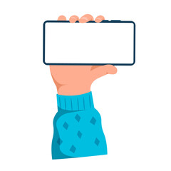 Poster - Hand with smartphone. Male arm with mobile phone isolated on white background. Vector illustration.