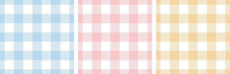 Gingham pattern set. Tartan checked plaids in blue, pink, yellow, white. Seamless pastel vichy backgrounds for tablecloth, dress, skirt, napkin, or other Easter holiday textile design.