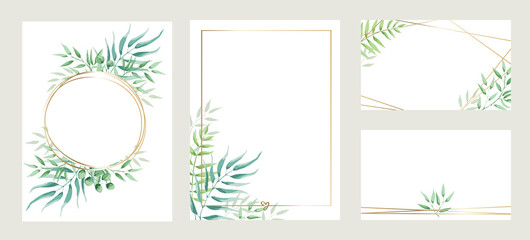 Green leaves -- set of templates for invitations. Three Vector illustration, frame, backgrounds with design element in watercolor style.	