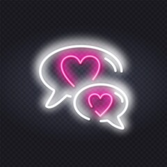 Wall Mural - Heart neon sign. Neon like in speech bubble on brick wall. Neon icon of love chat messages isolated on background. White sms with pink heart. Love conversation