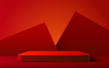 Abstract Scene Background. Rectangle Podium On Red Background. Product Presentation, Mock Up, Show Cosmetic Product, Podium, Stage Pedestal Or Platform.