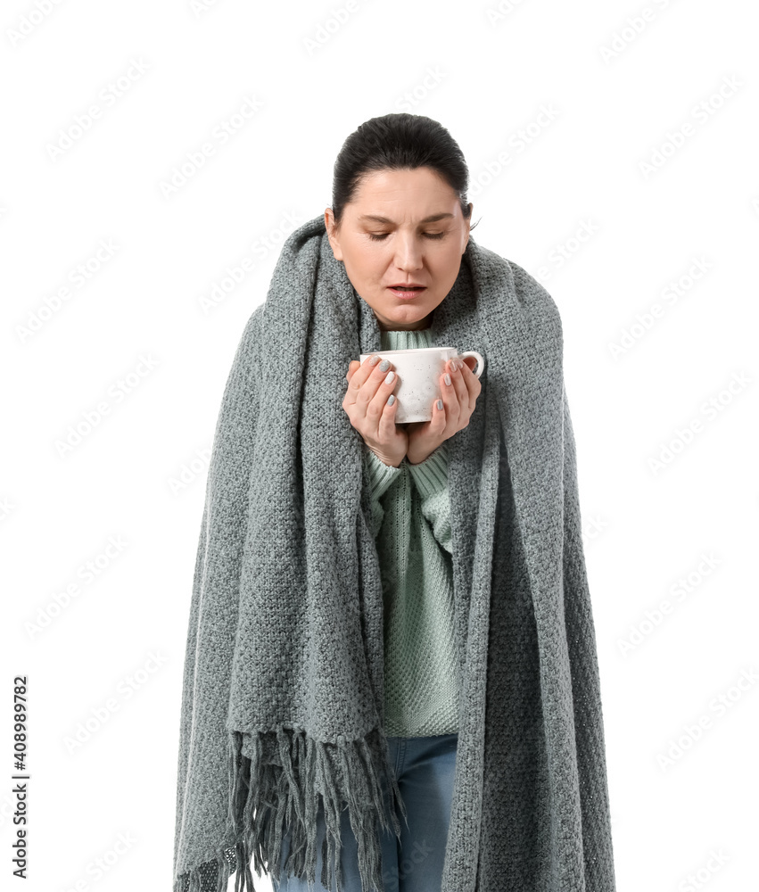 Sick mature woman on white background