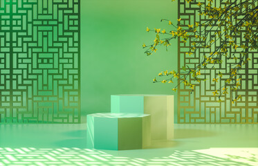 Poster - Chinese background with podium for product display. 3d render.
