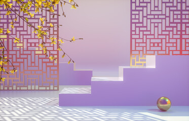 Poster - Chinese background with podium for product display. 3d render.