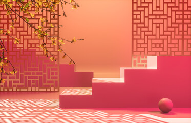 Poster - Chinese background with podium for product display. 3d render.