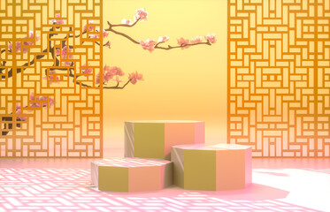 Poster - Chinese background with podium for product display. 3d render.