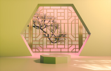 Poster - Chinese background with podium for product display. 3d render.