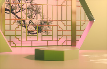Aufkleber - Chinese background with podium for product display. 3d render.