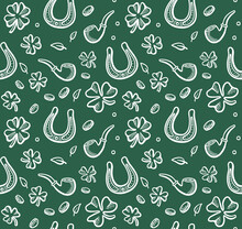 Hand Drawn Saint Patricks Seamless Pattern With Design Elements. Irish Pattern With Clover, Gold, Smoking Pipe And Horseshshoe. Vector Line Illustration Collection.