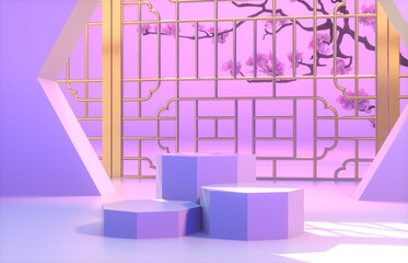 Poster - Chinese background with podium for product display. 3d render.