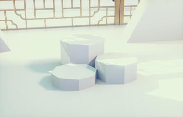 Poster - Chinese background with podium for product display. 3d render.