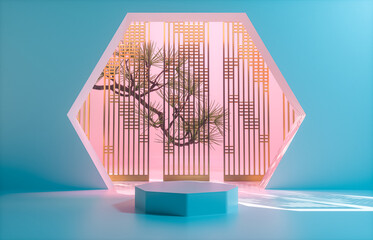 Poster - Chinese background with podium for product display. 3d render.