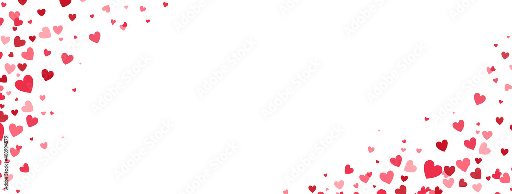 Heart confetti frame. Celebration banner. Bright pink hearts falling on long border. Valentines Day background for greeting cards, wedding invitation, gift packages. Vector illustration - obrazy, fototapety, plakaty 
