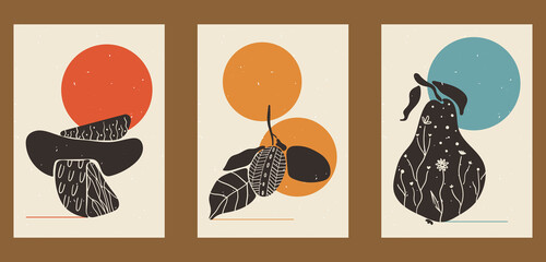 Vintage illustrations of fruits. Set of three posters for menu design, restaurant decor, grocery stores, social media. Minimalistic backgrounds with circles, orange, plum, pear, patterns.
