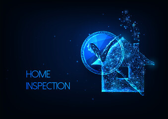 Wall Mural - Futuristic Home inspection.concept with glowing low polygonal residential house and magnifying glass