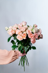 Woman hand holding a beautiful bouquet of rose flowers isolated on a gray background. Bouquet of flowers for congratulations