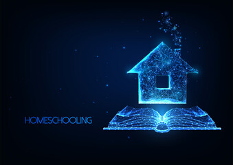 Wall Mural - Futuristic Homeschooling, Online tuition remotely concept with glowing low polygonal house and book