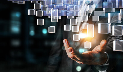 Poster - Hand holding glowing cubes. Innovation and creativity concept.