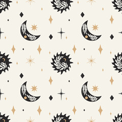 Decorative seamless pattern with sun and moon. Vector illustration.