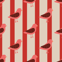 Bright Animal Seamless Pattern With Pink Simple Birds Ornament. Grey And Red Striped Background.