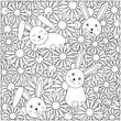 Cute bunny and flowers. Coloring page.