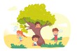 © backup_studio - Little kids playing hide and seek in park. Playing game with friends outdoor in summer vacations vector illustration. Boy counting, boys hiding begind tree, girl running to hide