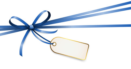 blue colored ribbon bow with hang tag