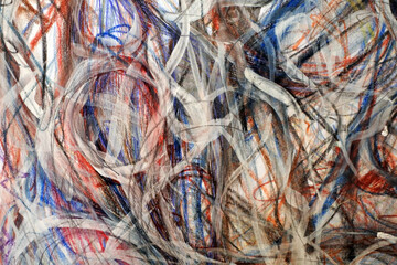 Etude in the style of abstract impressionism.  Abstract grey line on a multicolored background. A dirty, scribbled wall. 