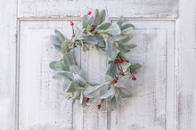 Lamb's Ear With Red Berries Wreath On White Antique Door