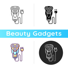 Sticker - Electric shaver icon. Trimmer. Dry razor. Trimming stubble. Reducing skin irritation, cuts, ingrown hairs. Sensitive skin protection. Linear black and RGB color styles. Isolated vector illustrations