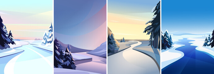 Wall Mural - collection of river landscapes. winter sceneries in vertical orientation.