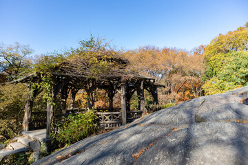 Wall Mural - Beautiful Wood Gazebo on a Stone Hill at Central Park during Autumn in New York City