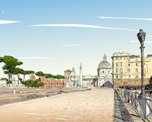 The Trajan's Column. Roman Forum. Rome. Italy. Hand Drawn City Sketch. Vector Illustration.