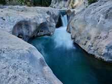 Waterfall Of The Clariano River In The Place "el Pou Clar" In Ontinyent, Spain.