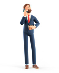 3D illustration of standing happy man talking on the phone. Cute cartoon smiling bearded businessman using smartphone and holding coffee cup, isolated on white.