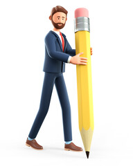 3D illustration of smiling creative man writing with a big pencil. Cute cartoon bearded businessman drawing with a giant pen, isolated on white.