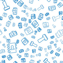 Poster - Set line Address book, Stamp and Chat messages notification on phone on seamless pattern. Vector.