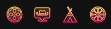 Set Line Indian Teepee Or Wigwam, Revolver Cylinder, Location Cowboy And Old Wooden Wheel. Glowing Neon Icon. Vector.