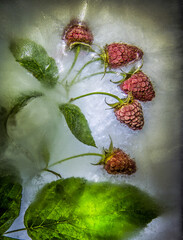 Frozen raspberries with leaves in ice. Still life.