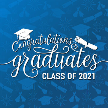 Congratulations graduates 2021 class of vector illustration on seamless grad background, white sign for the graduation party. Typography greeting, invitation card with diplomas, hat, lettering