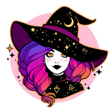 cute young witch with beautiful iridescent hair