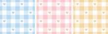 Gingham Patterns With Hearts In Pastel Pink, Blue, Yellow, White. Seamless Tartan Vichy Check Plaid For Dress, Shirt, Tablecloth, Napkin, Or Other Modern Valentines Day Or Easter Holiday Print.