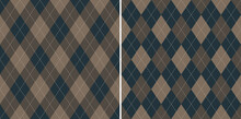 Argyle Patterns In Blue, Brown, Beige. Traditional Geometric Vector Argyll Dark Background For Gift Wrapping, Socks, Sweater, Jumper, Or Other Modern Autumn Winter Fashion Fabric Design.