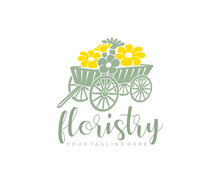 Floristry, Flowers, Old Wooden Cart And Dray With Wheels, Logo Design. Plant, Floral, Garden, Floriculture And Flower Beds, Vector Design And Illustration