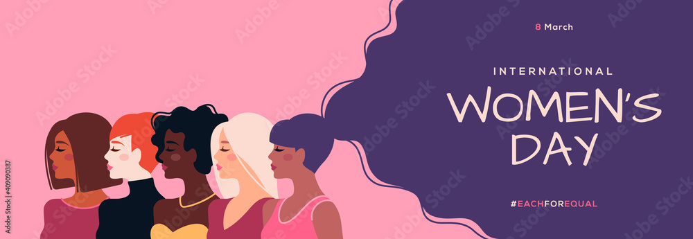 International Women's Day horizontal banner. Vector illustration. Woman of different nationalities. Struggle for freedom, equality and independence concept, 8 March. Female diverse faces - obrazy, fototapety, plakaty 