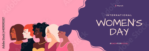 International Women's Day horizontal banner. Vector illustration. Woman of different nationalities. Struggle for freedom, equality and independence concept, 8 March. Female diverse faces © kotoffei