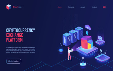 Poster - Blockchain crypto currency, cryptocurrency bitcoin exchange platform isometric vector illustration. Cartoon 3d virtual financial business system for electronic money payment transaction landing page