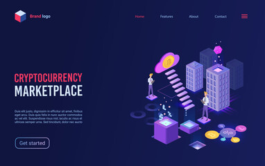 Poster - Trade crypto currency on marketplace concept isometric vector illustration. Cartoon 3d abstract modern city with analyst people working, trading on virtual bitcoin cryptocurrency market landing page