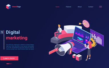 Aufkleber - Digital marketing technology isometric vector illustration. Cartoon 3d marketer people standing next to megaphone and laptop with graphic data on screen, work with audience and content landing page