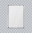 Acrylic glass frame, plastic frame for poster of photo, realistic mockup isolated hanging on transparent wall. White blank paper banner on plexiglass display, 3d vector illustration.